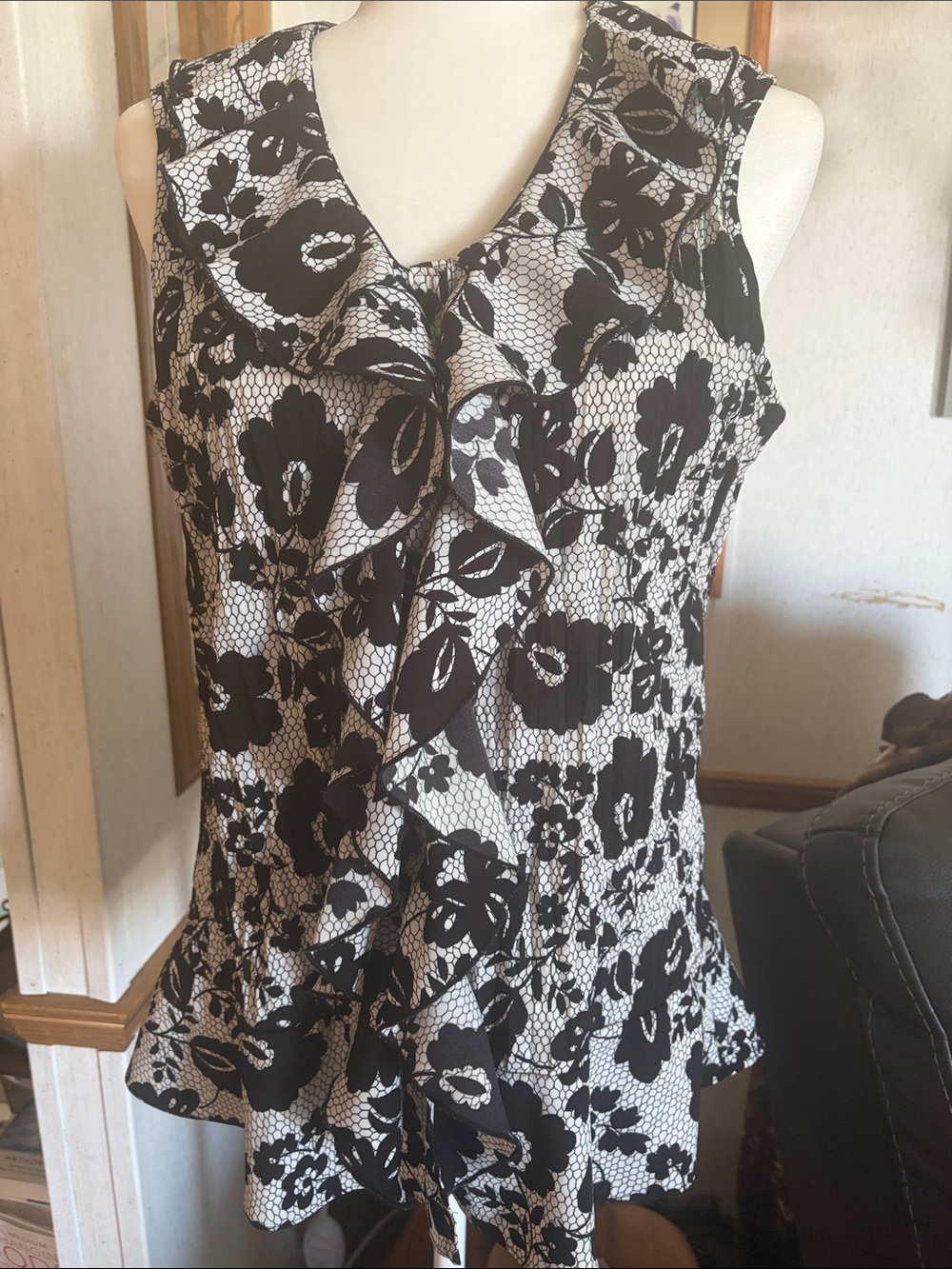 Christopher & Banks Black and White Floral Ruffle Front Sleeveless Blouse